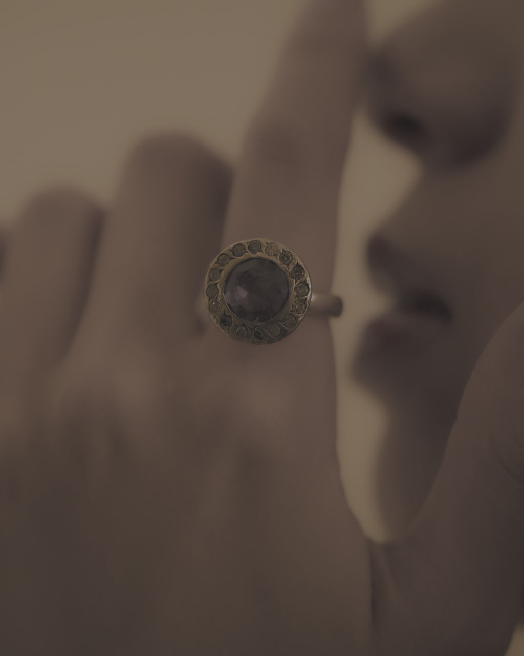 Middle Halo Ring Amethyst & Salt and pepper Diamond