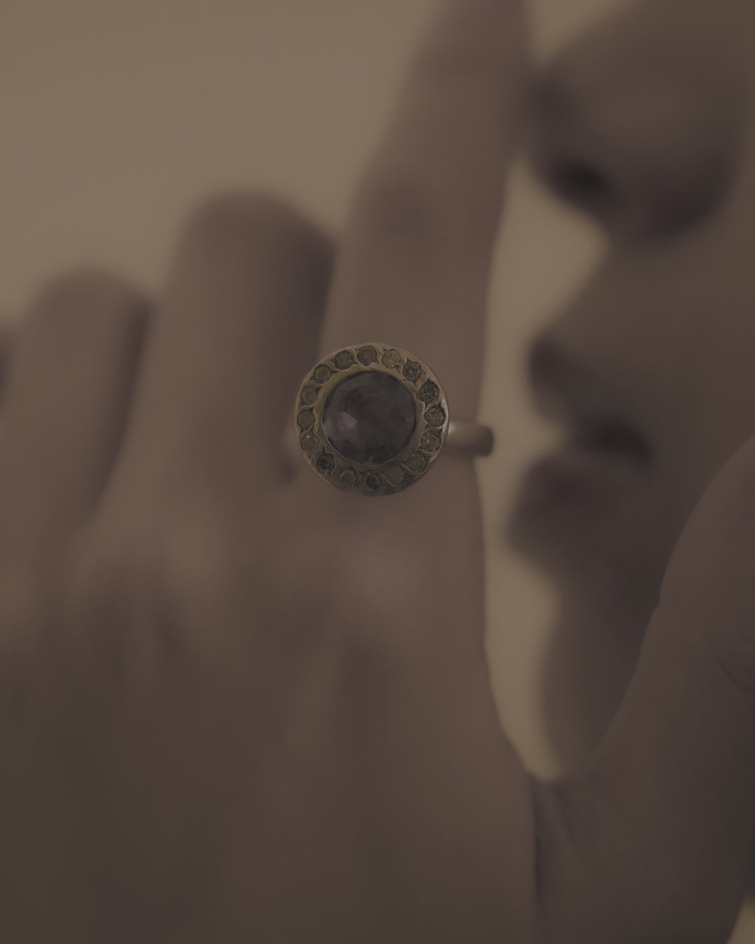 Middle Halo Ring Amethyst & Salt and pepper Diamond