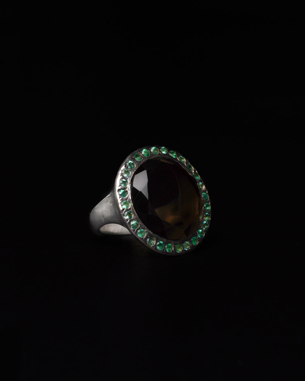 Big Halo Ring Smoky Quartz & Emerald