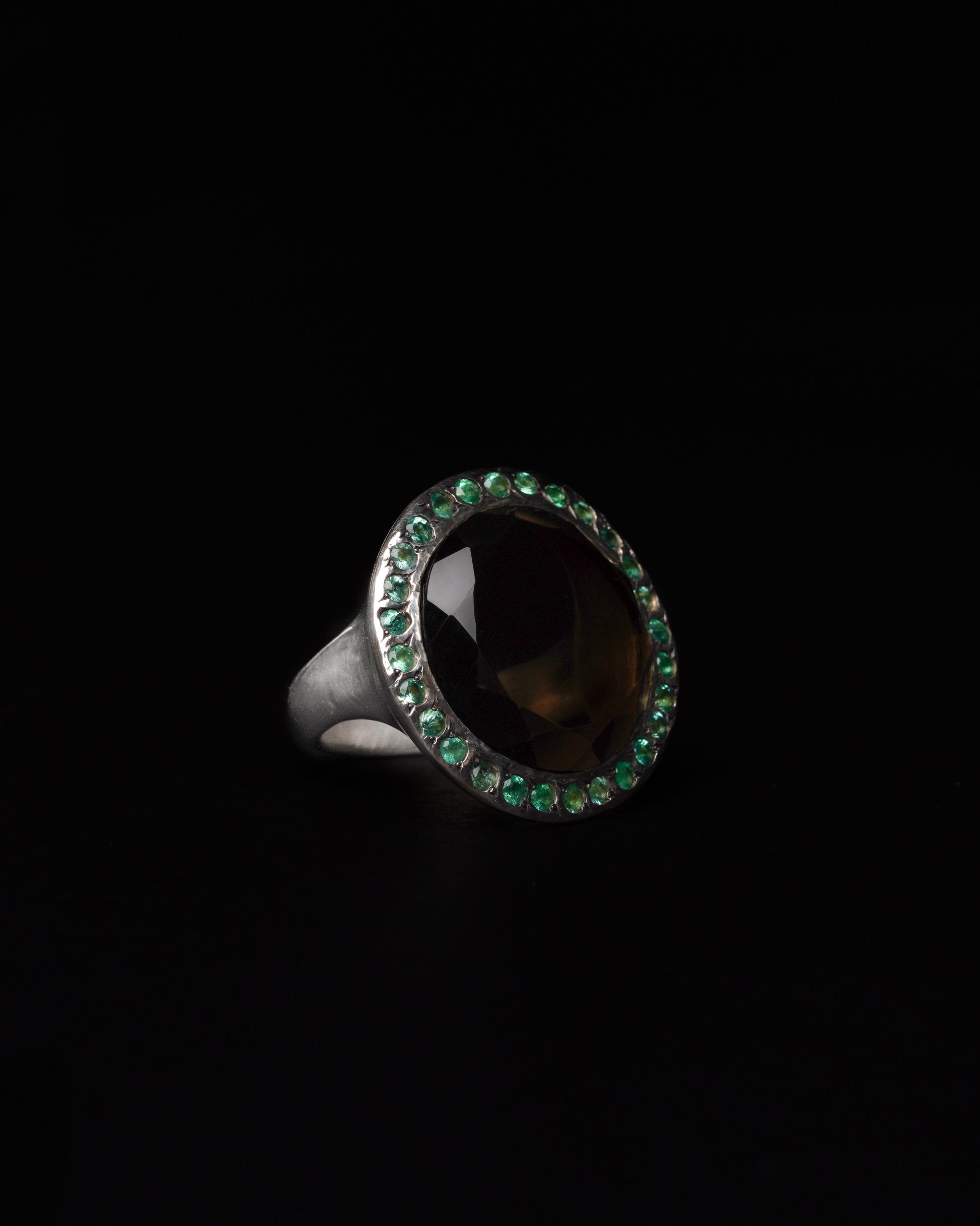 Big Halo Ring Smoky Quartz & Emerald