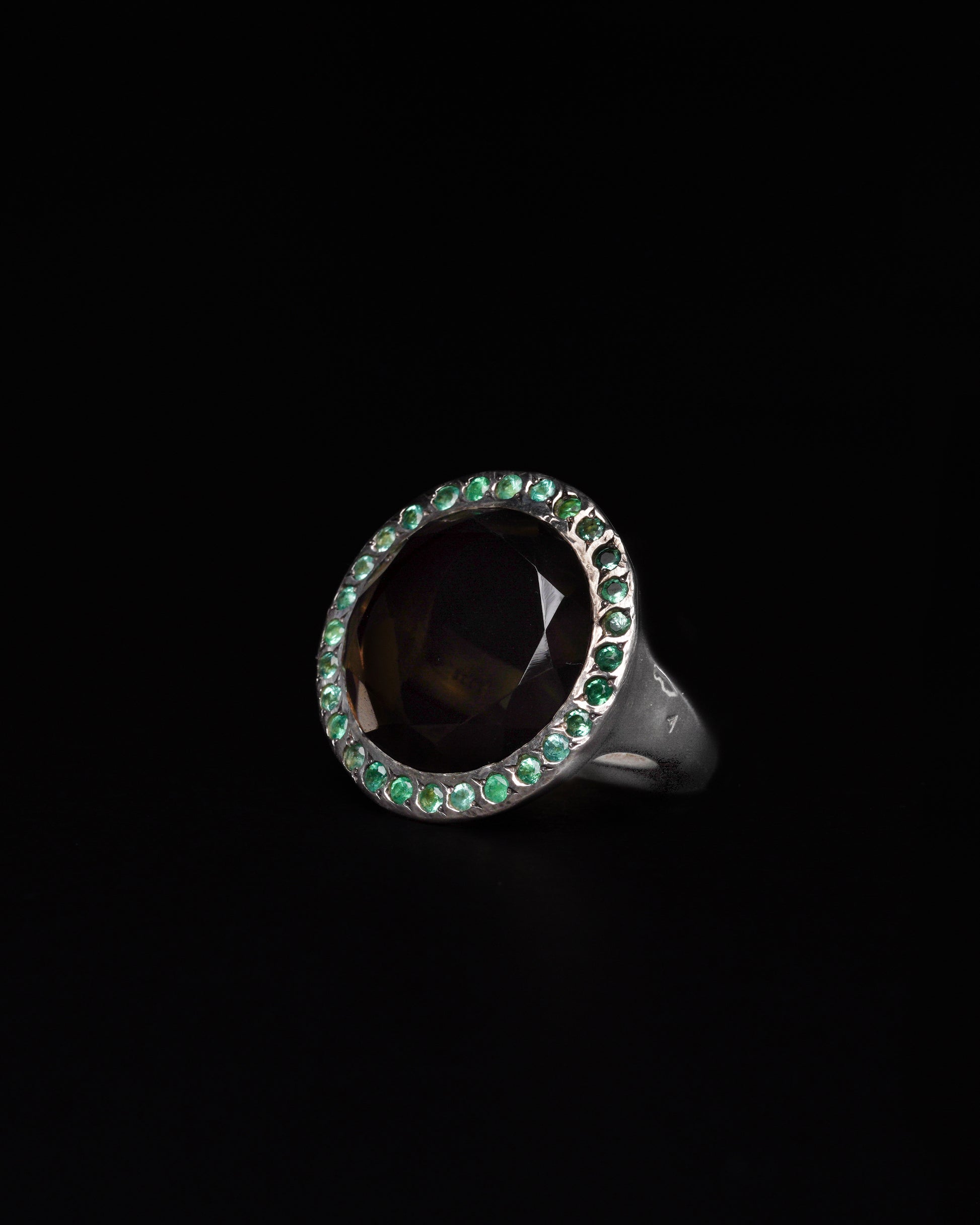 Big Halo Ring Smoky Quartz & Emerald