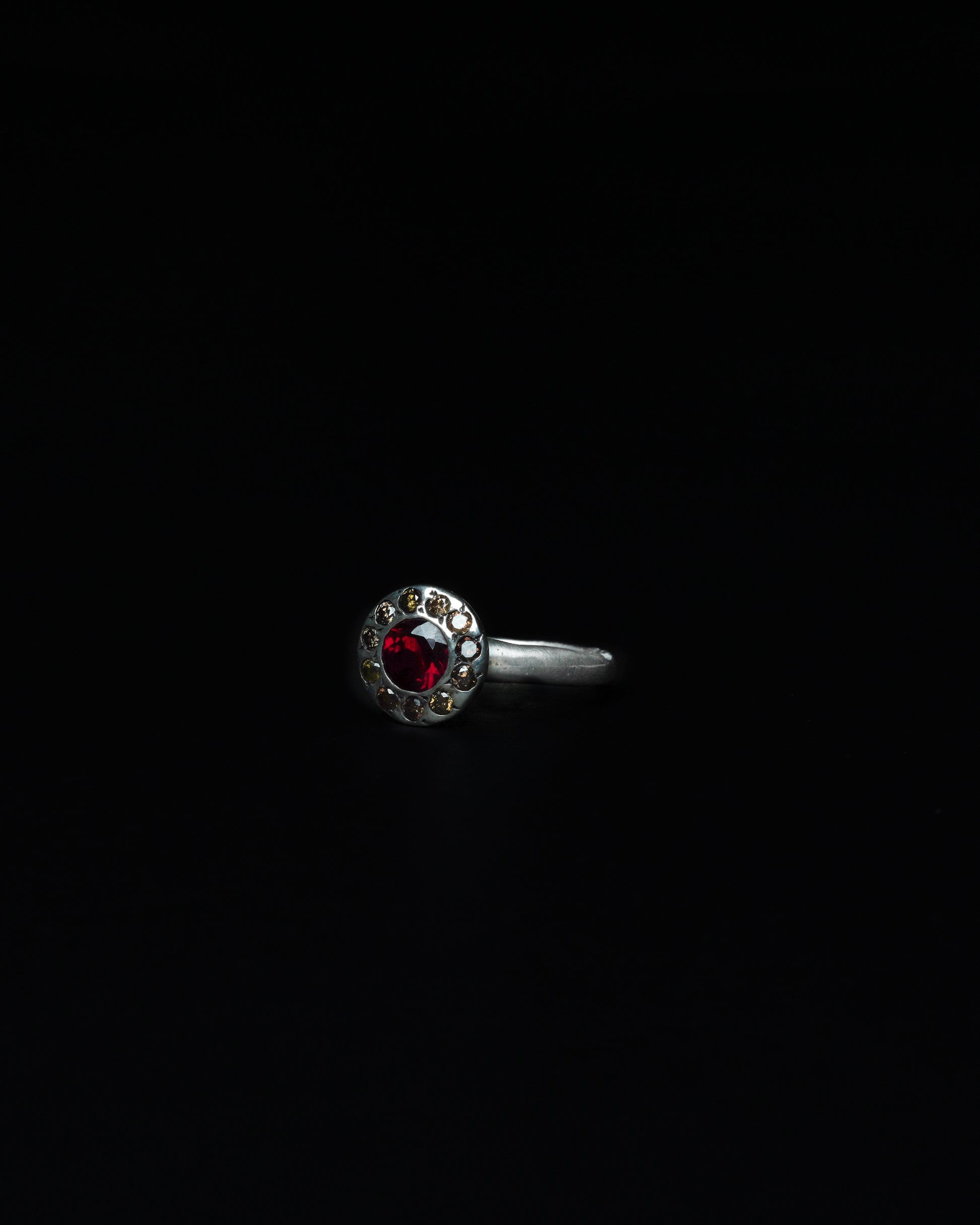 Small Halo Ring Mozambique Garnet & Cognac Diamond